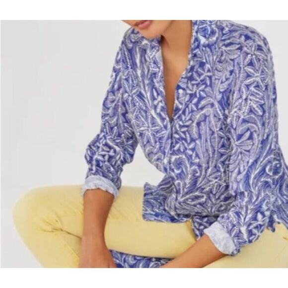 J Mclaughlin 100% Linen Button Up Shirt Britt Blouse Navy Blue White Size XS - Picture 10 of 10